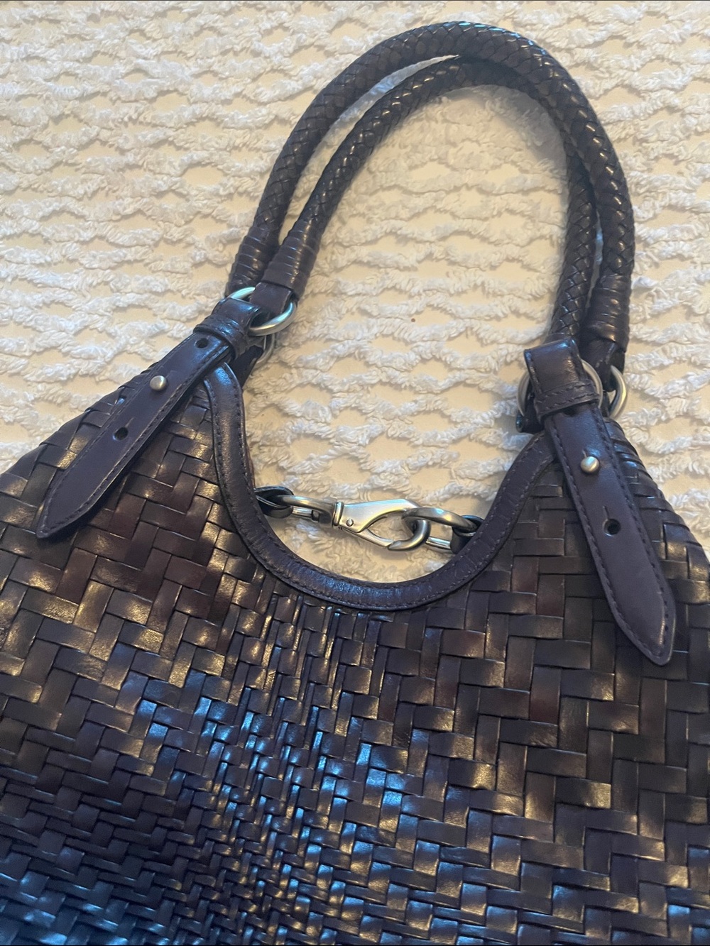 Cole Haan Woven Leather Shoulder Bag - Navy Blue Leather - Picture 7 of 12
